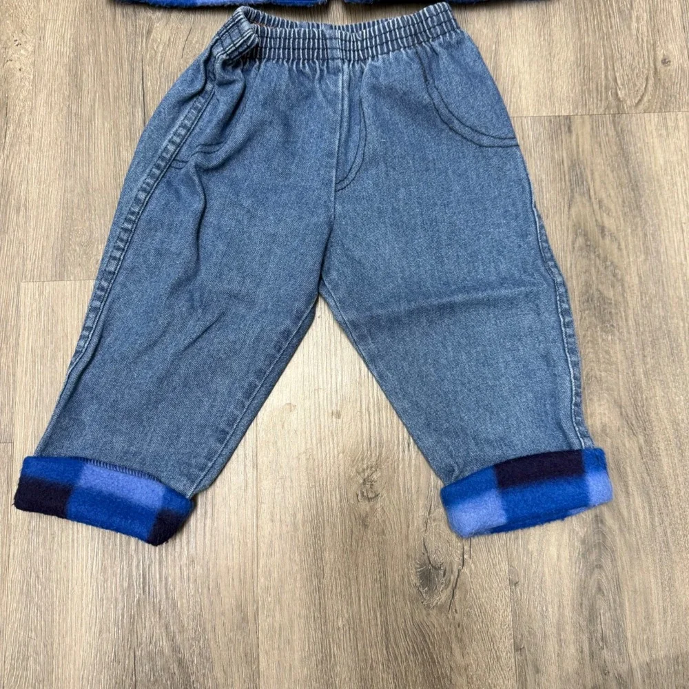 Vintage Sasson Baby Blue Buffalo Plaid Fleece Jacket & Denim Pants Set 12 Months